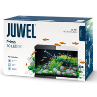 Retail box for the Juwel Primo 70 LED aquarium, 61 x 31 x 43.5cm, showing a white tank