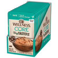 Row of twelve Wellness CORE Tiny Tasters Tuna & Salmon Pate wet cat food pouches