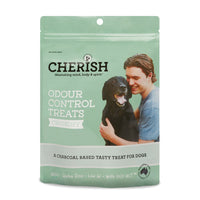Front of the 200g Cherish Odour Control Treats pouch, a charcoal based crunchy dog treat, with a man and dog