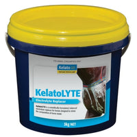 Kelato KelatoLYTE electrolyte replacer for horses in a 3kg navy tub with a yellow lid