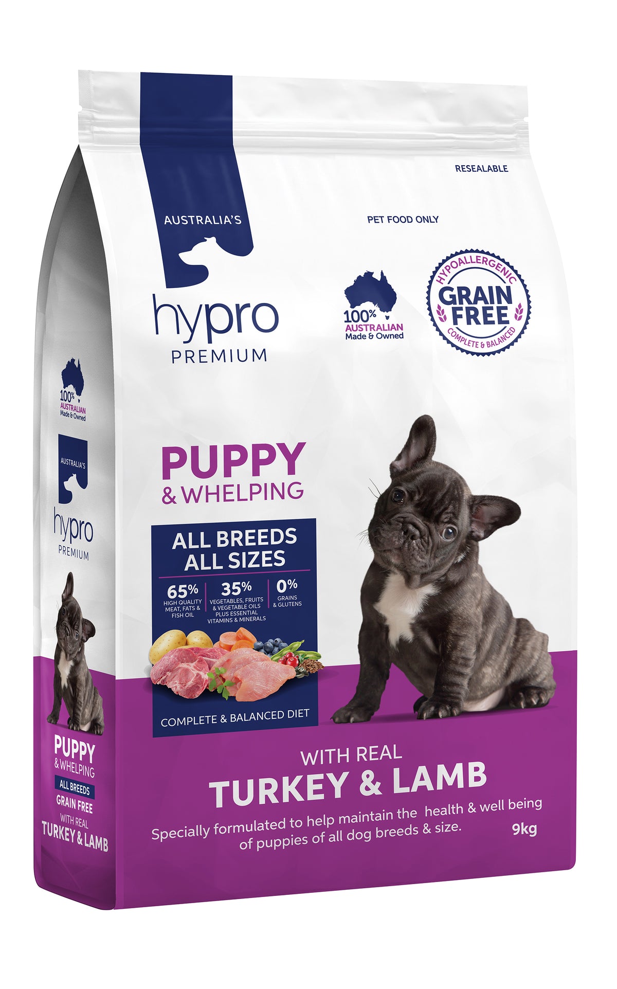 Front of the 9kg Hypro Premium Grain Free Turkey & Lamb puppy food bag