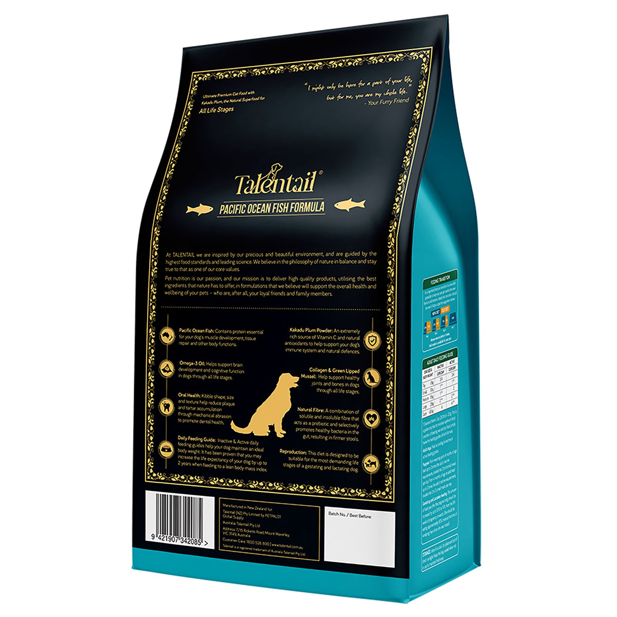 Back of the Talentail Ultimate Pacific Ocean Fish dry dog food bag