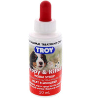 TROY Puppy & Kitten Worm Syrup 50 mL, front of the bottle with a puppy and kitten photo and meat-flavoured claim.