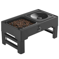 Black All Fur You raised dog bowl stand with twin bowls, one filled with kibble