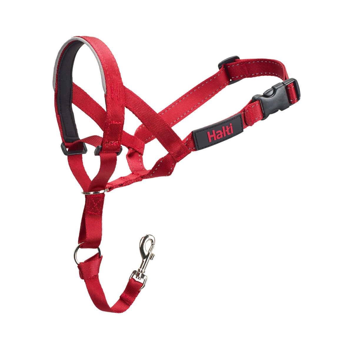 Halti Headcollar in red with a padded noseband and safety link, laid flat