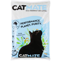 CatMate eco-friendly wood pellet cat litter 7kg bag, front of pack with a black cat