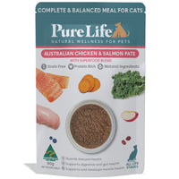 Pure Life Australian Chicken and Salmon Pate wet cat food, single 80g pouch front