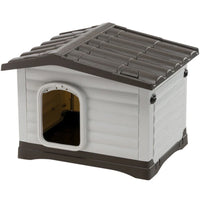 Ferplast DOGVILLA plastic dog kennel, cream body with a brown roof and arched doorway