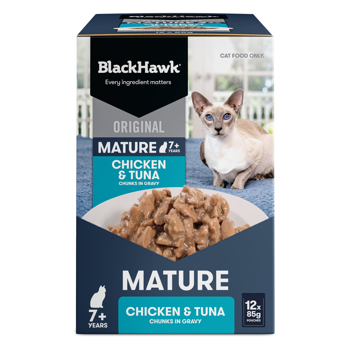 Black Hawk Original Mature 7+ Chicken & Tuna carton of 12 x 85g pouches – front