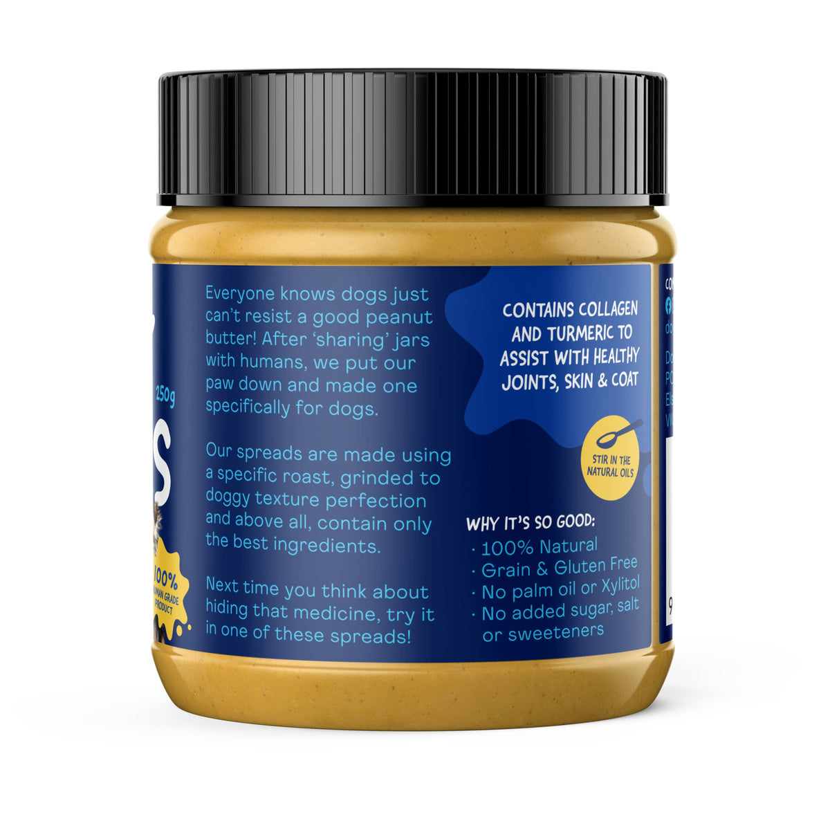 Doggylicious Doggy Butters Hip, Joint & Coat 250g jar – side panel on collagen and turmeric