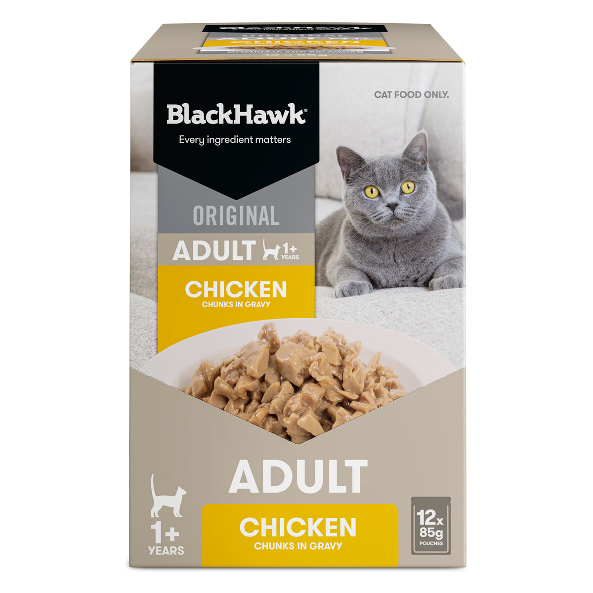 Black Hawk Original Adult Chicken in gravy carton of 12 x 85g pouches – front
