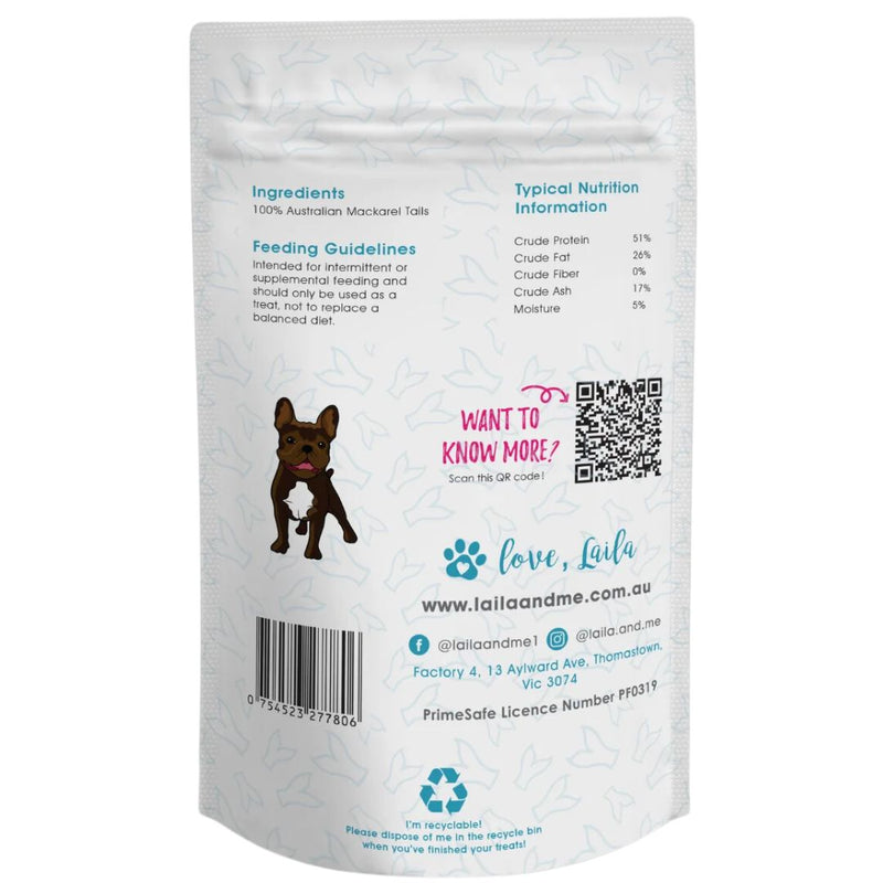 Laila & Me Dehydrated Range Cat & Dog Treats Mackerel Tails | PeekAPaw Pet Supplies