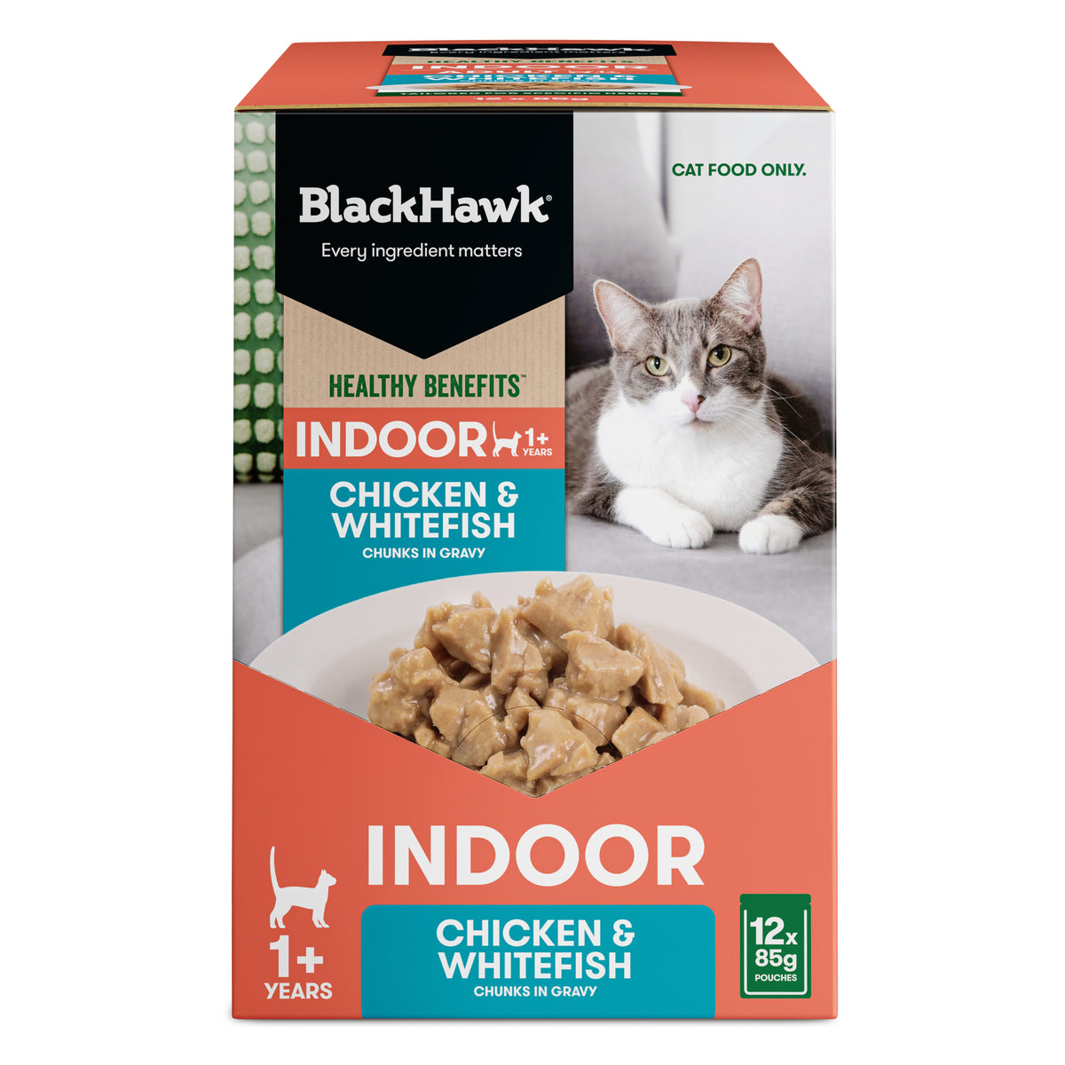 Black Hawk Healthy Benefits Indoor Chicken & Whitefish carton of 12 x 85g pouches – front