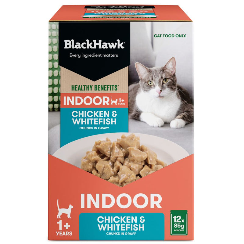 Black Hawk Healthy Benefits Adult Wet Cat Food indoor Chicken & Whitefish - 85g x12 | PeekAPaw Pet Supplies