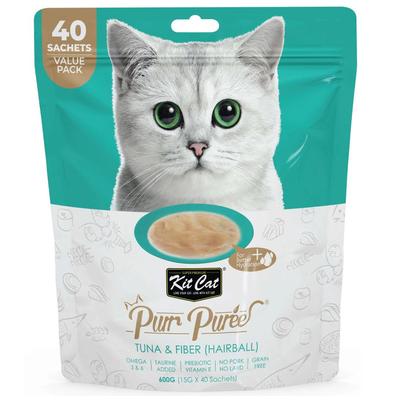 Kit Cat Purr Puree Cat Treats Tuna & Fiber Hairball - 15g x 40 | PeekAPaw Pet Supplies