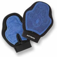 Artero grooming mitt gloves, showing the microfibre side and the blue silicone paw-motif side
