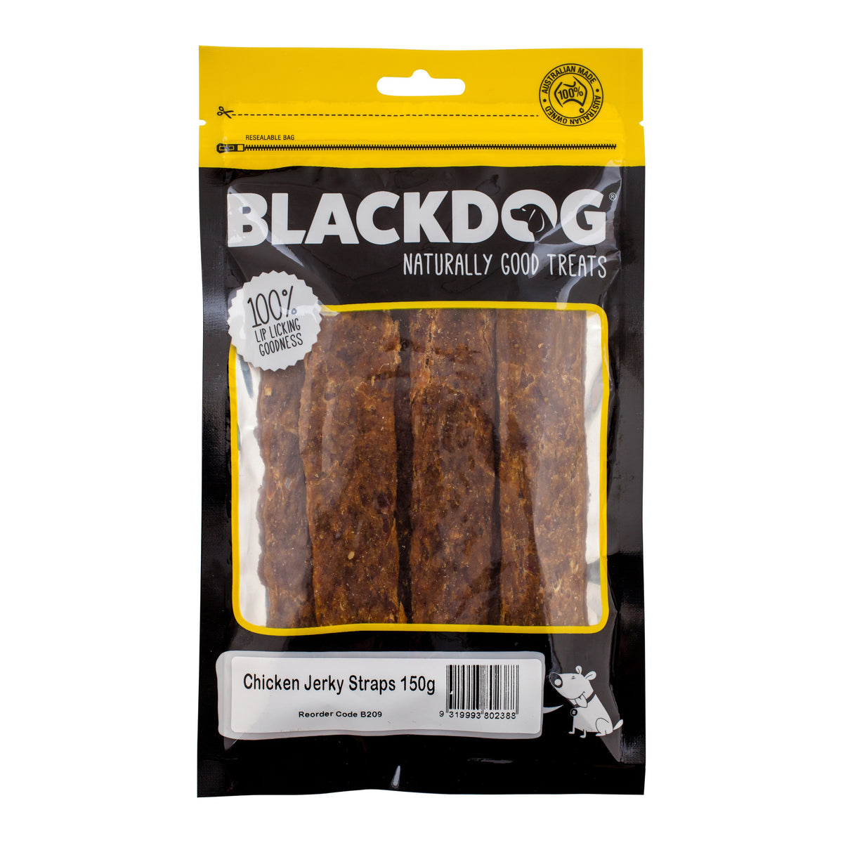 BlackDog Chicken Jerky Straps 150g – front of pack