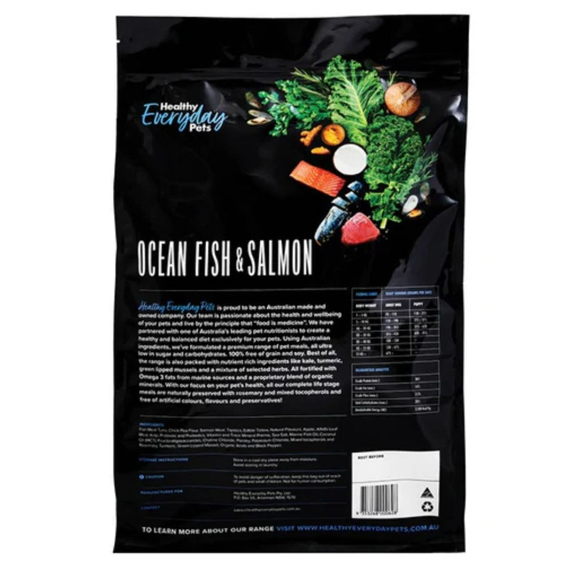 Healthy Everyday Pets Dry Dog Food Ocean Fish & Salmon - Back | PeekAPaw Pet Supplies