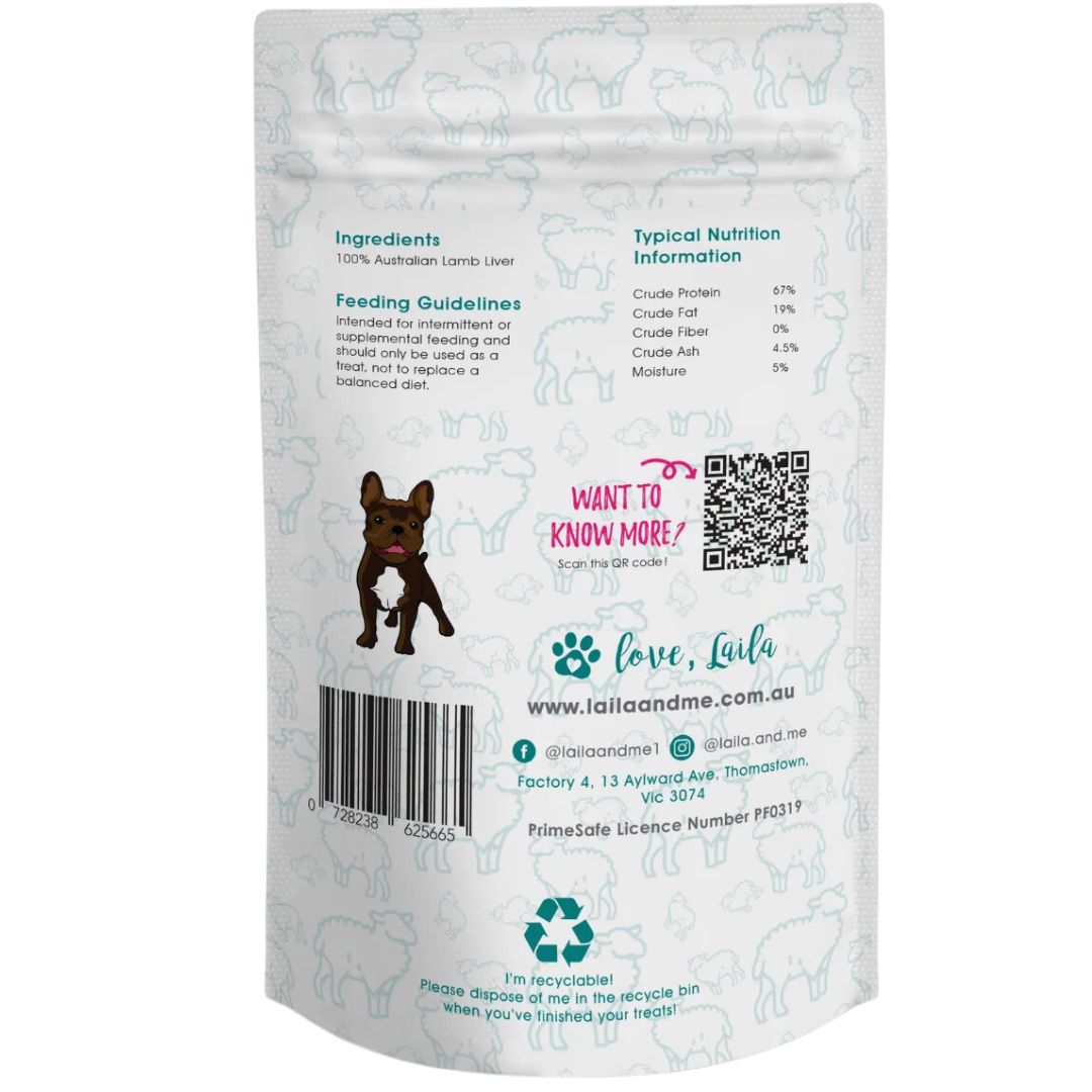 Laila & Me Dehydrated Range Cat & Dog Treats Lamb Liver - Back | PeekAPaw Pet Supplies