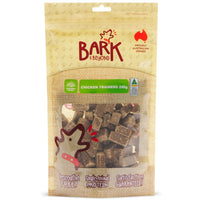 Bark & Beyond Chicken Trainers 200g pack front, kraft pouch with a window showing cube treats