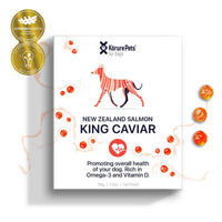 Korure Pets New Zealand Salmon King Caviar for dogs, carton with a dog graphic and award medals.