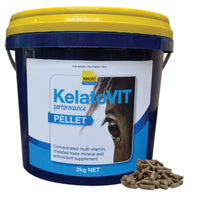 Kelato KelatoVIT Performance pellets for horses in a 2kg navy tub, loose pellets shown beside it