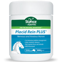Stance Equitec Placid Rein Plus calming supplement with resveratrol for horses in a 300g jar