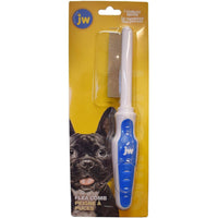 JW GripSoft flea comb on its retail card, with a black dog photo
