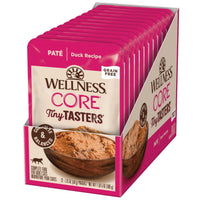 Row of twelve Wellness CORE Tiny Tasters Duck Pate wet cat food pouches