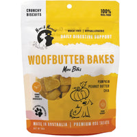 Woofbutter Bakes Mini Bites pumpkin and peanut butter dog biscuits by Mimi & Munch, front of the 90g pouch