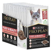PRO PLAN Adult Fussy & Beauty Salmon in Gravy carton with the twelve 85g pouches fanned out