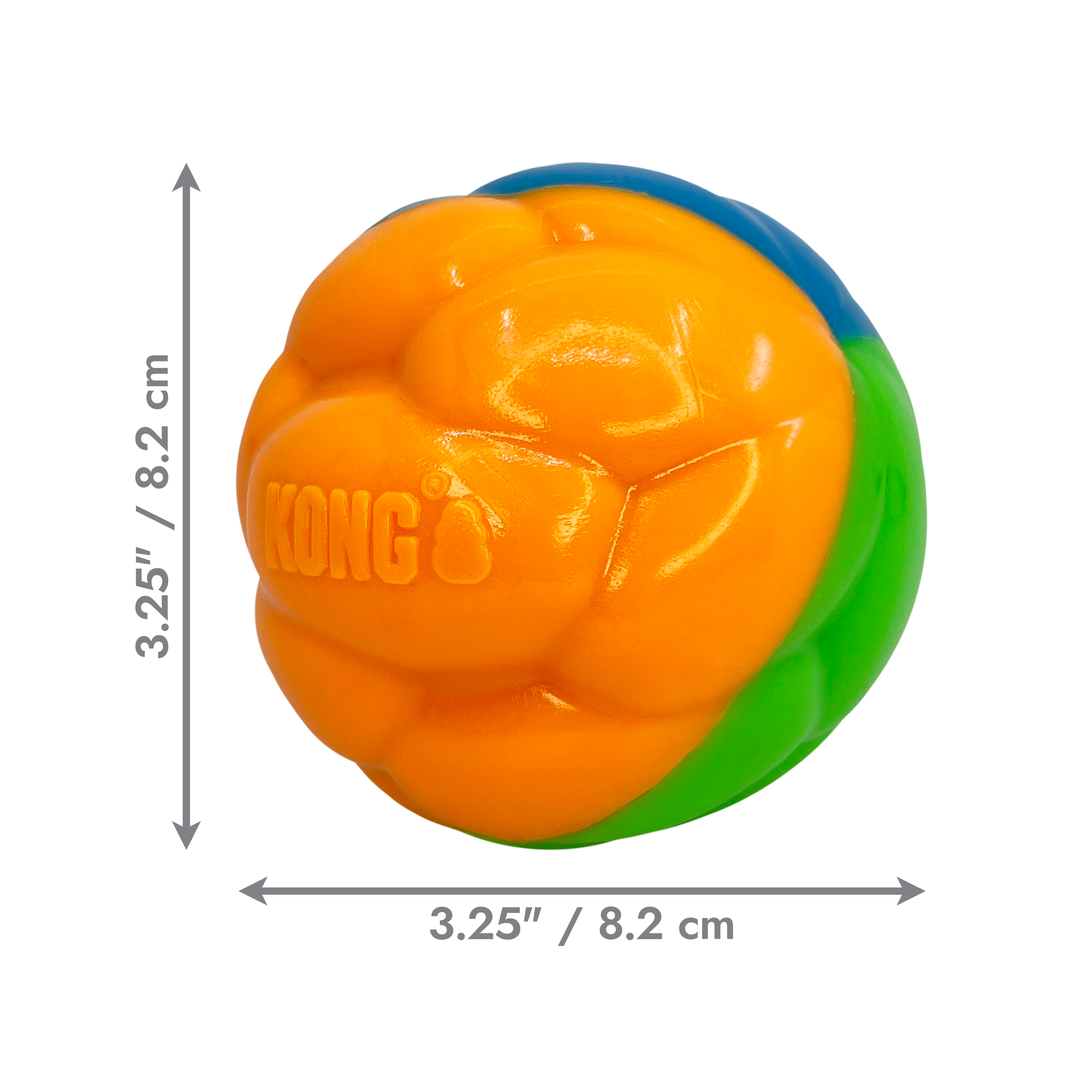 KONG Dog Toys Twistz High-Viz Ball shown with its dimensions labelled