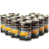 A case of twelve SavourLife Grain Free Adult Chicken 375g cans