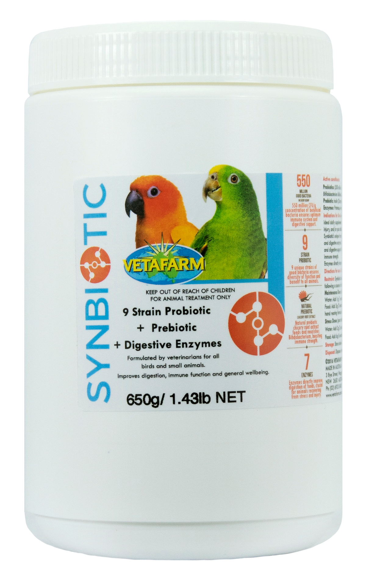 Vetafarm Synbiotic Avian Support 650g tub – front