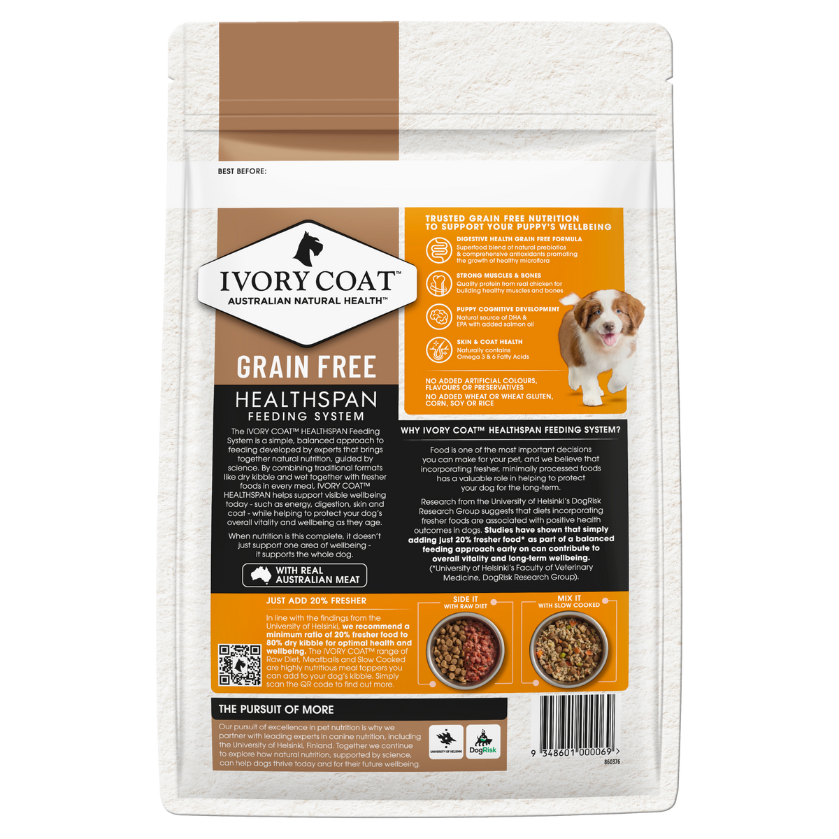 Back of the Ivory Coat Grain Free Chicken Puppy dry dog food bag