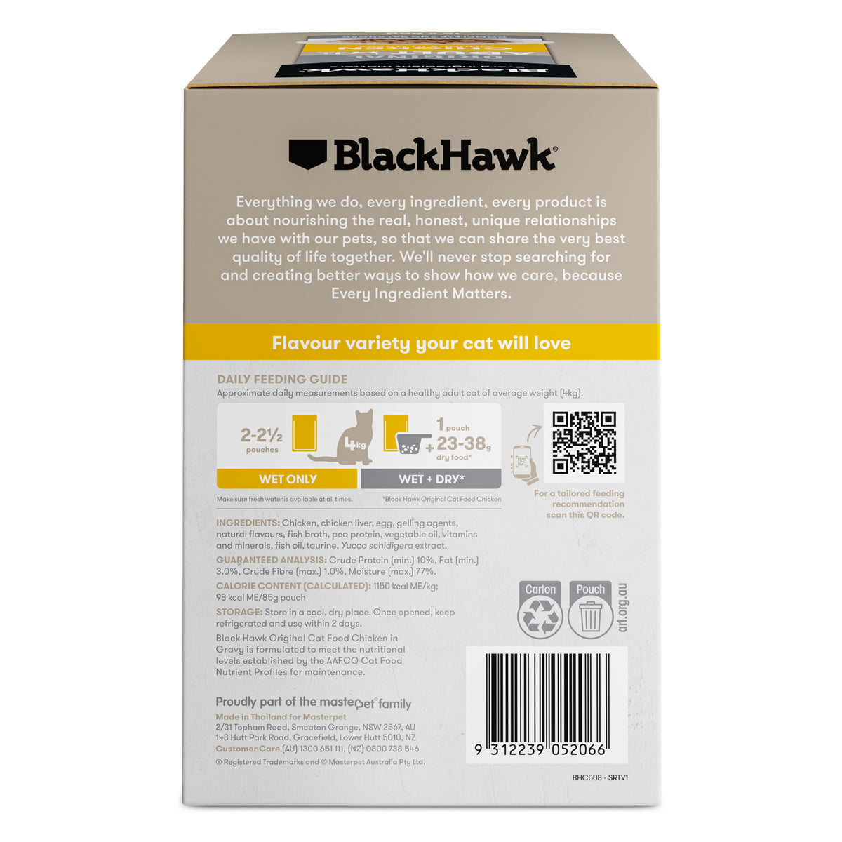 Black Hawk Original Adult Chicken carton – back with feeding guide and ingredients