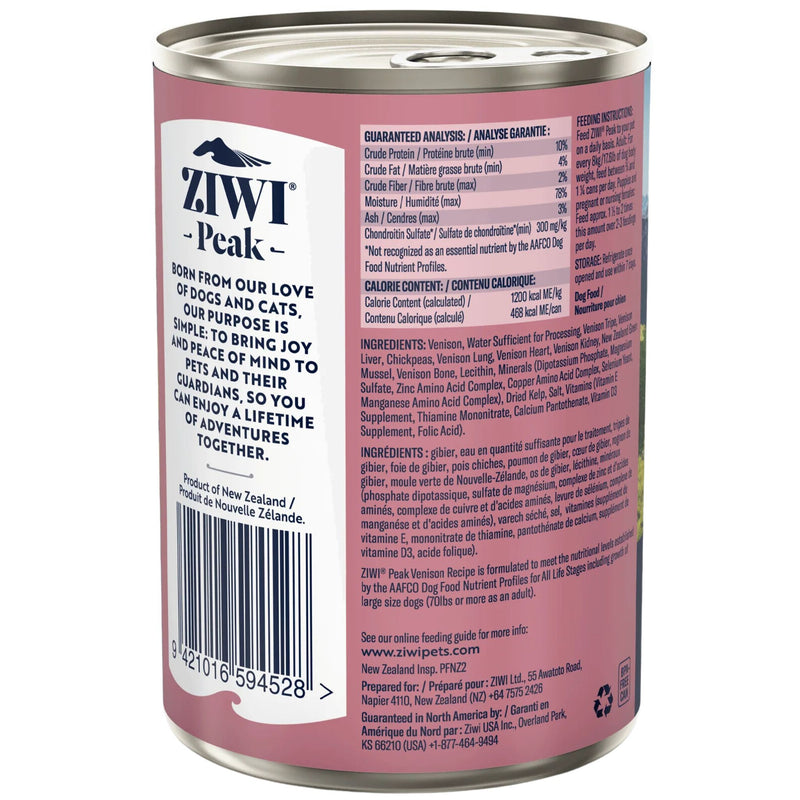 ZIWI Peak Dog Food Cans Venison 390g | PeekAPaw Pet Supplies