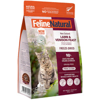 Feline Natural Lamb & Venison Feast freeze-dried cat food — 100g and 320g bags of 98% grass-fed New Zealand lamb, venison and organs
