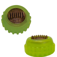 Two green Starmark Everlasting Treat Sprocket dog toys, each holding a brown Everlasting dental treat