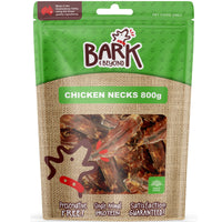Bark & Beyond Chicken Necks 800g pack front, green and hessian pouch with a clear window