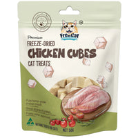 Front of the FreeCat Freeze-Dried Chicken Cubes cat treats pouch, 50g, with raw chicken