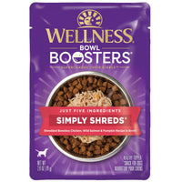 Wellness Bowl Boosters Simply Shreds Shredded Chicken, Wild Salmon & Pumpkin dog pouch, front