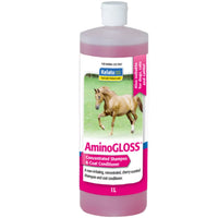 Kelato AminoGLOSS concentrated horse shampoo and coat conditioner in a 1L pink bottle