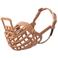 Tan basket muzzle, side view showing the adjustable straps
