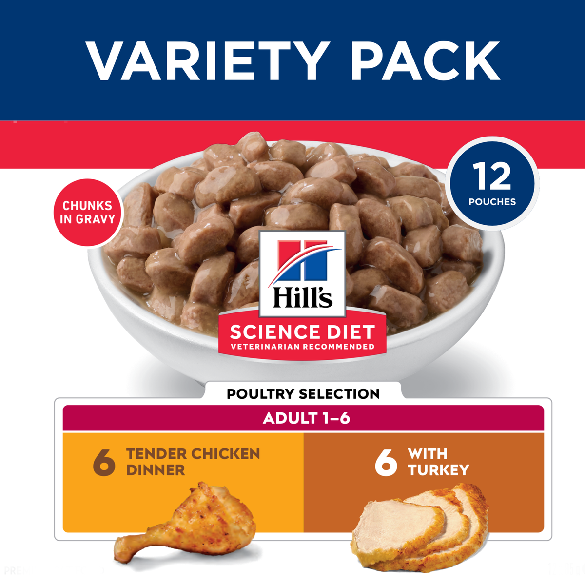 Hill's Adult variety pack: 12 pouches of chunks in gravy, six tender chicken and six with turkey