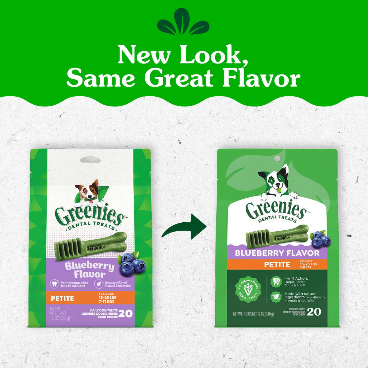 GREENIES packaging update: old and new Blueberry Flavour Petite packs side by side