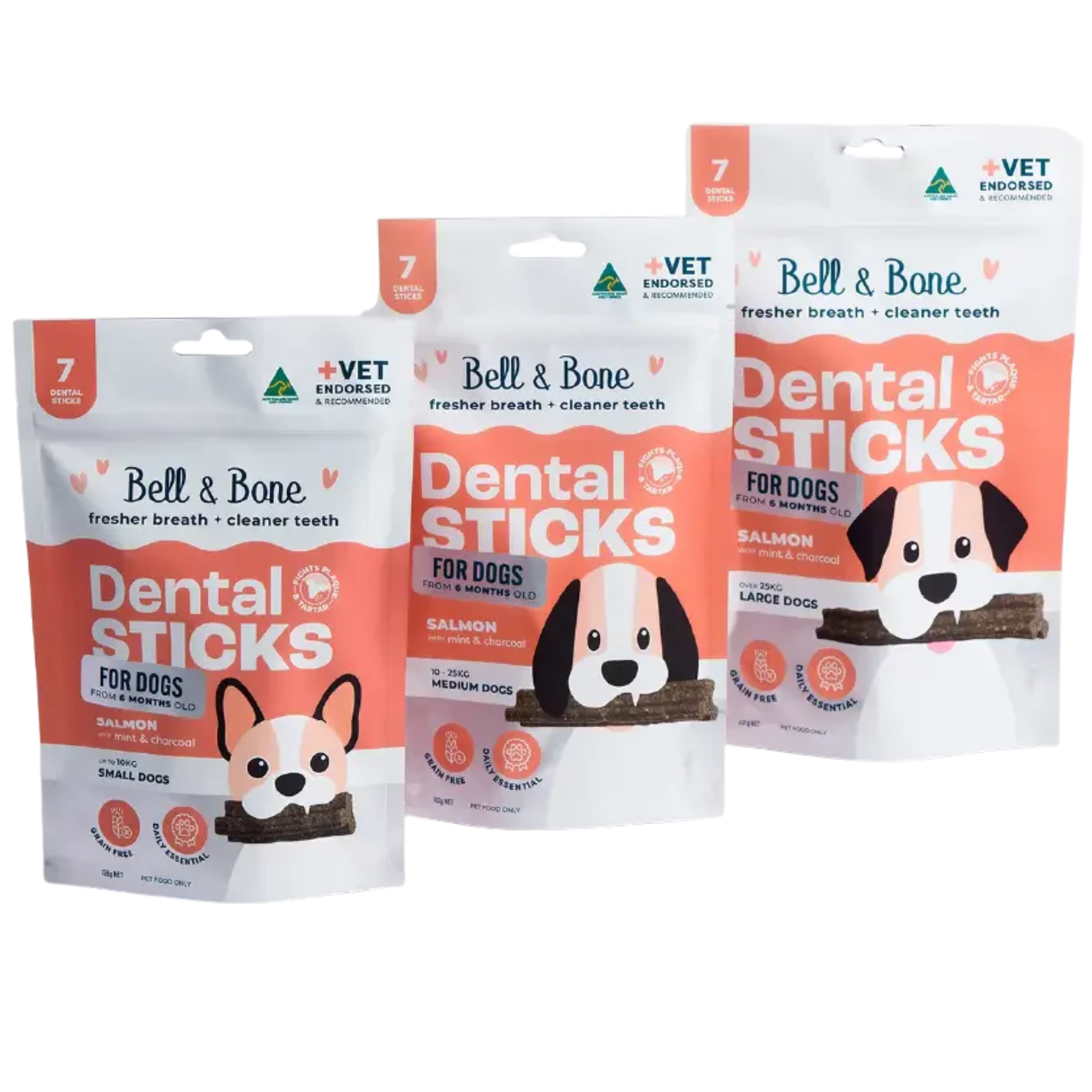 Bell and Bone Dental Sticks for Adult Dogs - Salmon, Mint & Charcoal