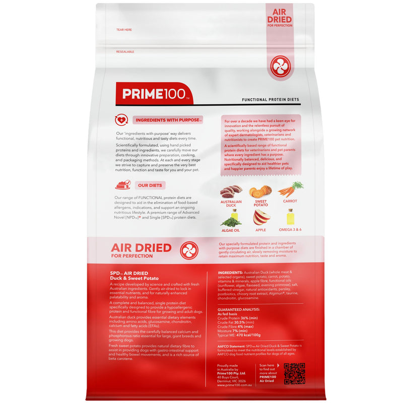 Prime100 SPD Air Dry Dog Food for Adult Duck & Sweet Potato