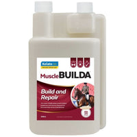 Kelato MuscleBUILDA build and repair supplement in a dosing bottle with a measuring chamber
