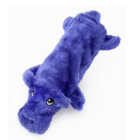 Zippy Paws Bottle Crusherz plush dog toy shaped as a purple hippo, seen from above